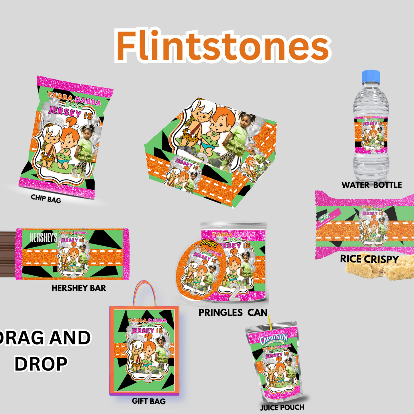 Flintstones Bundle Party Favor Canva Design Templates plus mockup (8 editable templates and designs)
