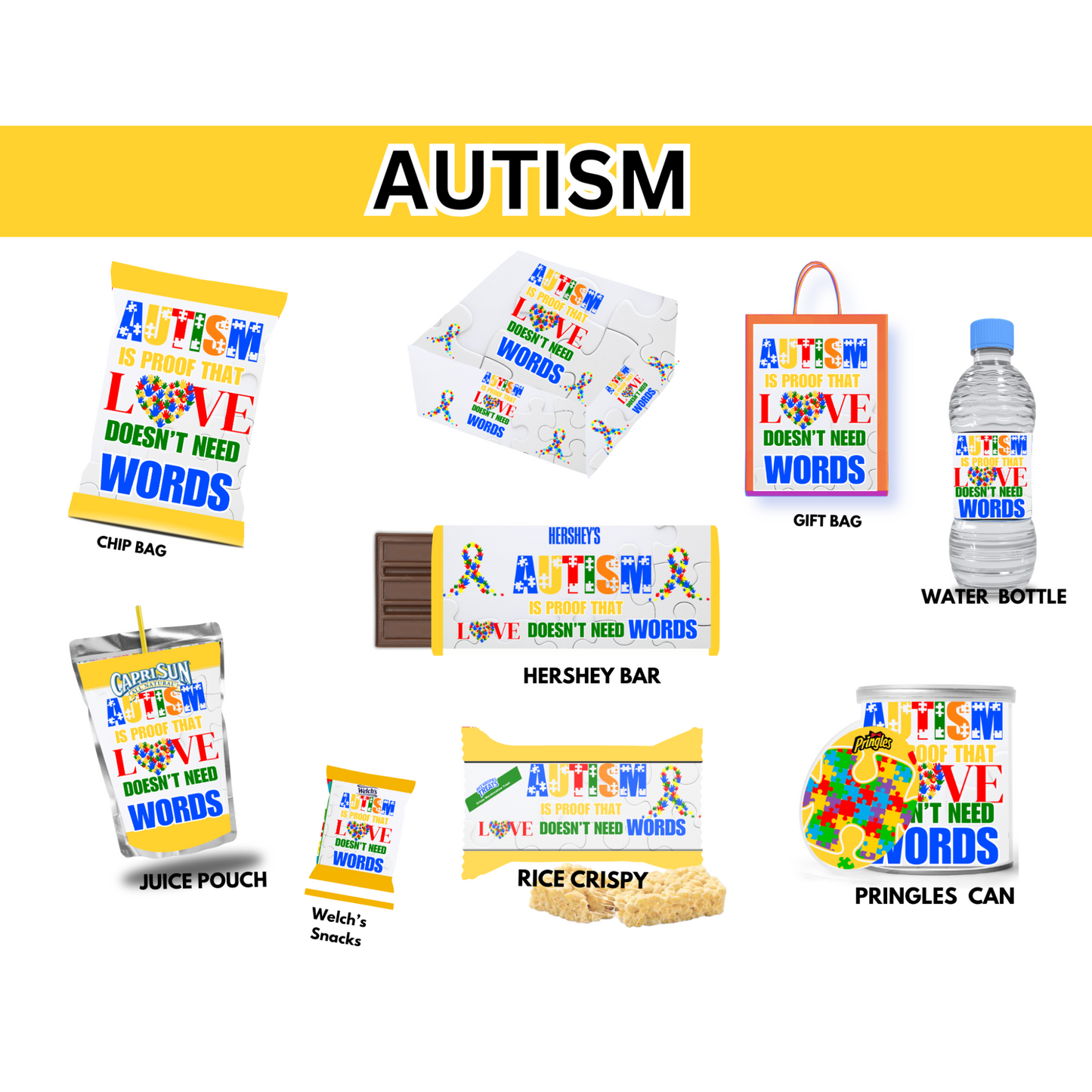 Autism Bundle Party Favor Canva Design Templates plus mockup (9 editable templates and designs)