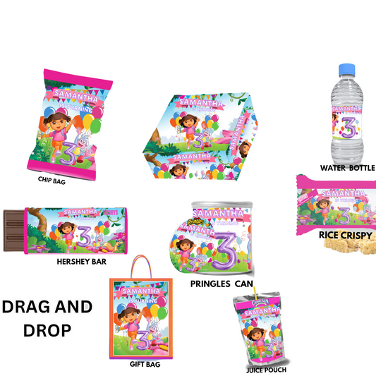 Dora Bundle Party Favor Canva Design Templates plus mockup (10 editable templates and designs)