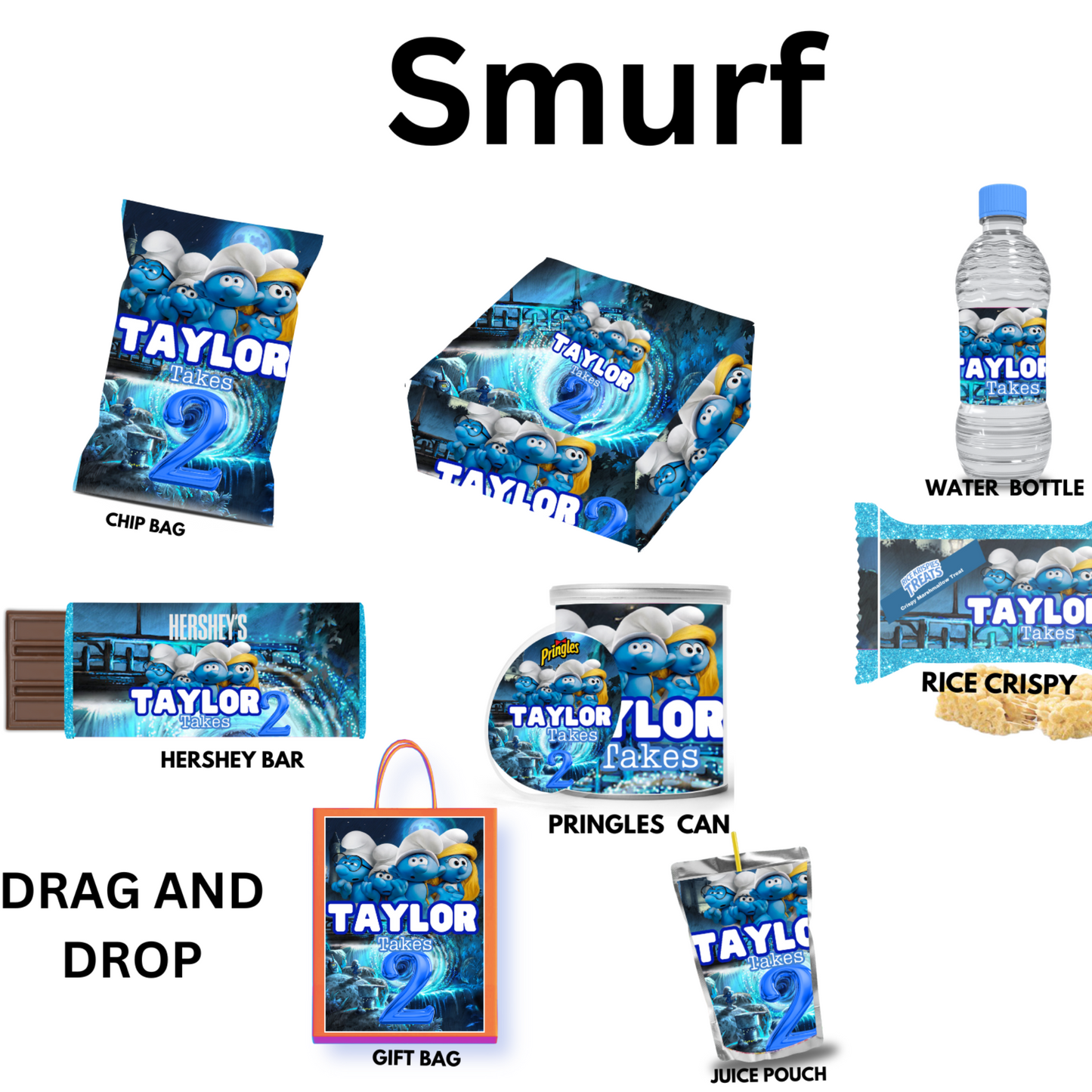 Smurf Bundle Party Favor Canva Design Templates plus mockup (10 editable templates and designs)